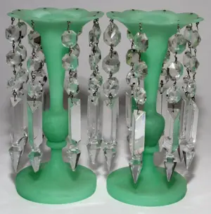 GREEN SATIN GLASS LUSTERS, PAIR
