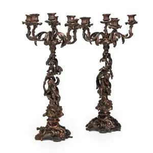 PAIR OF CONTINENTAL PATINATED BRONZE CANDELABRA