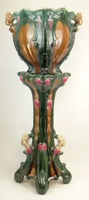 Art Nouveau Majolica Figural JardiniÃ¨re on Pedestal