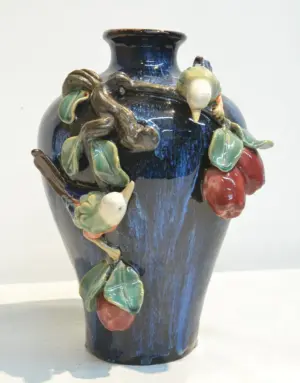 COBALT MAJOLICA VASE WITH RAISED BIRDS & FRUIT