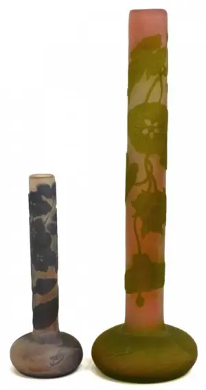 (2) GALLE CAMEO CUT ART GLASS STICK NECK VASES