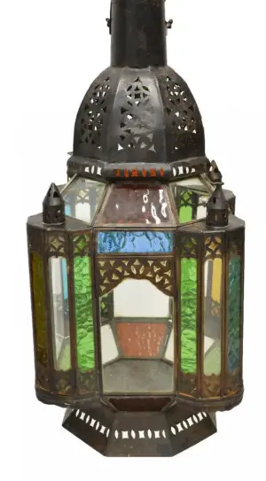 MOORISH STYLE TIN AND COLORED GLASS LANTERN