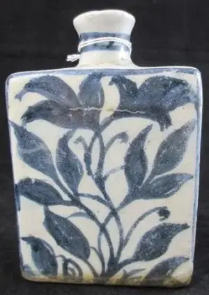 ANTIQUE BLUE & WHITE CERAMIC FLASK