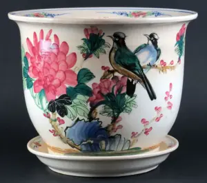 Painted Pottery Planter and Underplate. Unsigned.