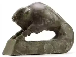 1993 Mahseet Carved Stone Buffalo Sculpture. Signed