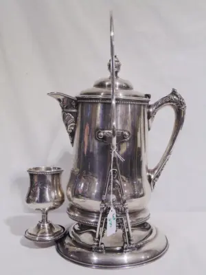 Victorian Silver Plate Tea Kettle & Stand, w/ Cup