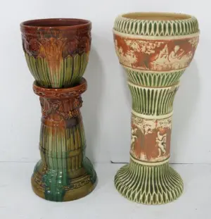2 pottery jardiniere and pedestals