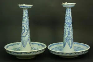 Pr. 17th C CHINESE B & W PORCELAIN CANDLESTICKS