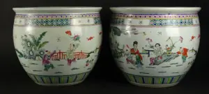 Pair Modern Chinese JardiniÃ¨re. Hand Painted Figures