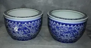 Pair Chinese porcelain blue and white fish bowls. H:11