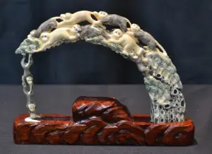 CARVED HIPPO IVORY MONKEY OVER THE MOON BRIDGE