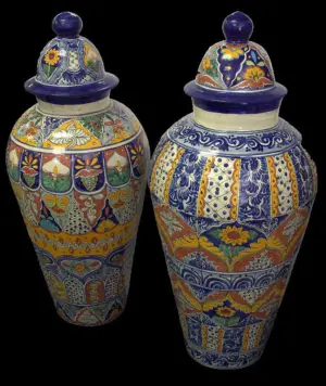 Pair of Majolica Style Porcelain Covered Urns