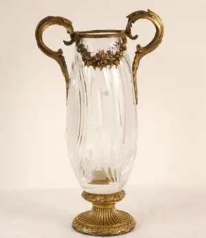 Crystal Vase With Bronze Handles 13.5" Tall