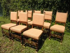 EIGHT GILDED MAHOGANY UPHOLSTERED DINING CHAIRS