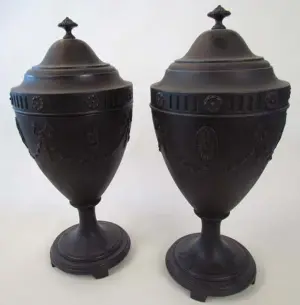 Pair Stained Oak Berkey and Gay Cutlery Urns