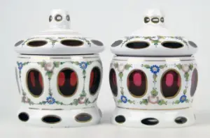 PAIR VINTAGE BOHEMIAN CUT TO CLEAR DRESSER JARS
