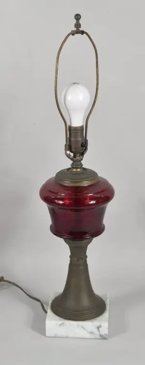 Cranberry Glass, Brass & Marble Fluid Lamp