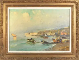 Italian Coastal Scene with Fishermen, Framed O/C