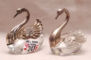 Pair of crystal swan salts with sterling wings, 2