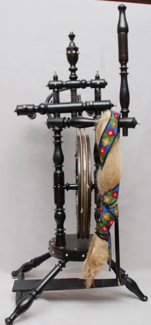 19th c. ebony & ivory spinning wheel, 32"h