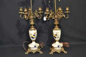 (Pr) HAND PAINTED PORCELAIN & BRONZE MOUNTED