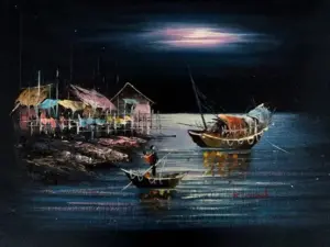 NIGHT FISHING SIGNED ORIGINAL OIL PAINTING ON CAN