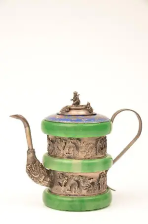 Chinese marble, cloisonné and silvered metal wine