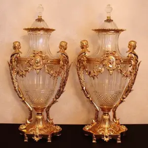 BACCARAT STYLE PAIR OF BRONZE AND GLASS URNS