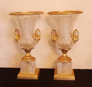 CHARLES X-STYLE GILT BRONZE AND CUT CRYSTAL URNS