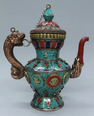 NEPAL CEREMONIAL TEAPOT TURQUOISE LAPIS AND CORAL