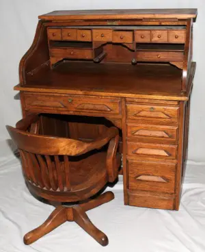 AMERICAN OAK ROLL-TOP DESK WITH CHAIR,
