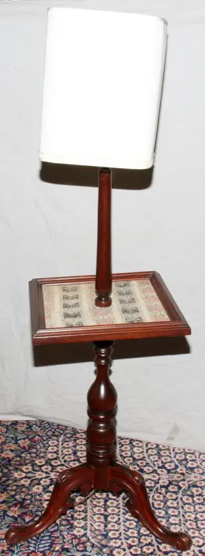 GEORGIAN STYLE MAHOGANY FLOOR LAMP WITH NEEDLEW