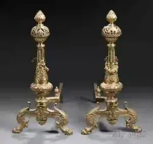 Pair of Brass Andirons, of typical form, cast with