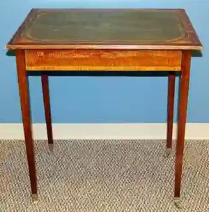 ENGLISH MAHOGANY AND SATINWOOD WRITING TABLE