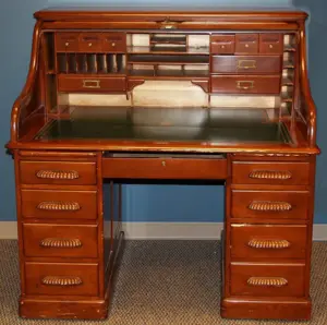 MAHOGANY ROLL TOP DESK, H 39", W 50", D 34"