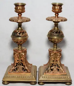 CONTINENTAL GILT METAL & COPPER CANDLESTICKS,