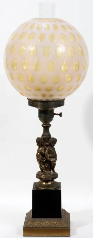 ANTIQUE GILT METAL LAMP WITH GLASS SHADE