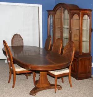 WALNUT TABLE & CHAIRS, A HICKORY CHINA CABINET