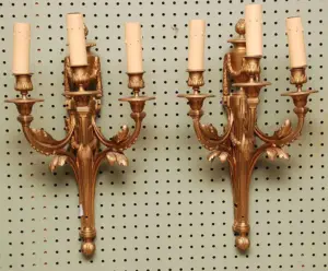 Pair French bronze 3 light sconces, 21"h