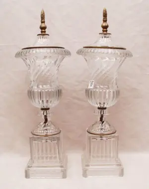 Pair crystal swirl and rib form covered urns, 22"h