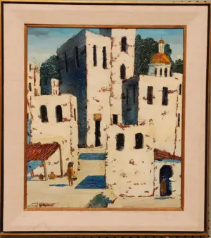 Farrington, oil on board, house and church with fi