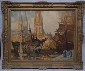 Antique European School Harbor scene signed Vincen