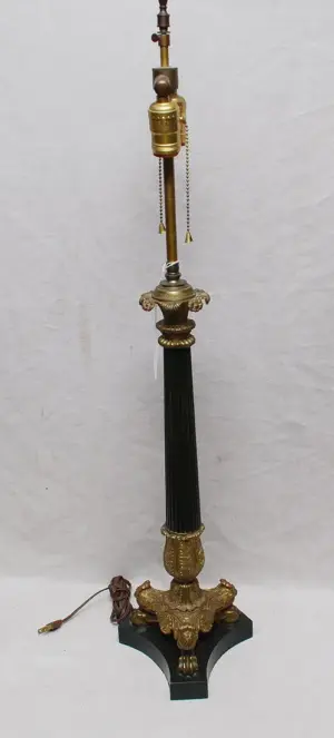 Bronze 2 lite lamp with 3 lions head supports, 34"