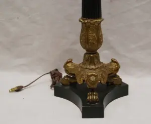 Bronze 2 lite lamp with 3 lions head supports, 34"