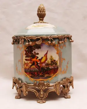 Ceramic hexagonal shape covered jar with brass/bro