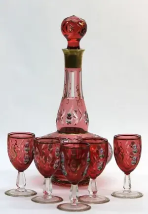 19th C Bohemian Cranberry Cut Glass Decanter Set