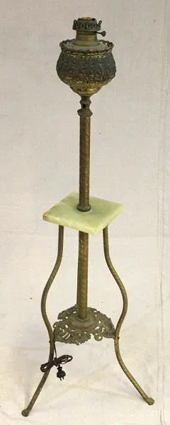 19th C Bronze Victorian Oil Lamp Table w/ Onyx