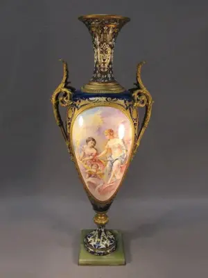 French Sevres champlevé bronze & porcelain urn