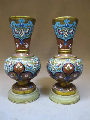 French pair of bronze champlevé urns