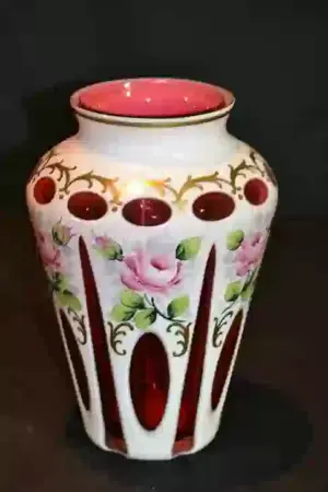 BOHEMIAN CUT TO CLEAR VASE WITH HAND PAINTED